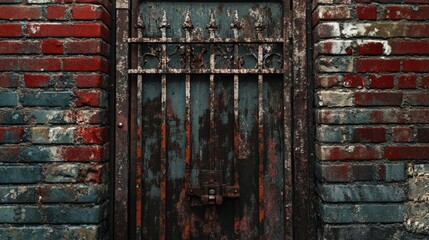 Poster - A weathered metal gate with a rusty lock, symbolizing urban decay, set against a background of faded brick walls and peeling paint.