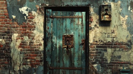 Poster - A weathered metal gate with a rusty lock, symbolizing urban decay, set against a background of faded brick walls and peeling paint.