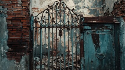 Poster - A weathered metal gate with a rusty lock, symbolizing urban decay, set against a background of faded brick walls and peeling paint.