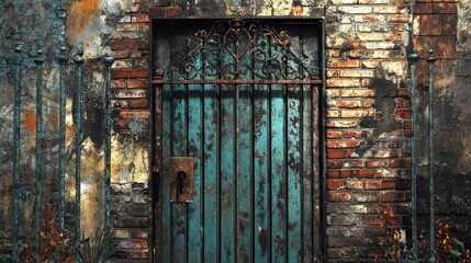 Poster - A weathered metal gate with a rusty lock, symbolizing urban decay, set against a background of faded brick walls and peeling paint.