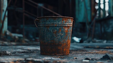 Poster - A weathered, rusty metal bucket in an industrial urban decay setting, capturing the essence of vintage elements and faded, timeworn materials.