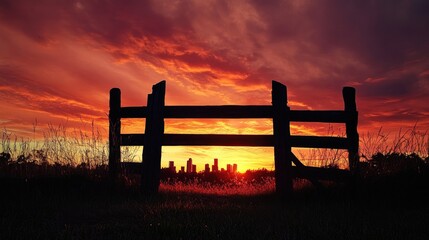 Poster - A weathered timber gate stands silhouetted against a fiery sunset, offering a striking contrast between rustic charm and the modern urban skyline.