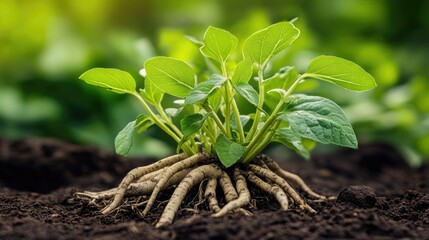 Poster - A wild-grown ashwagandha plant with rich green leaves and visible roots, capturing the strength and vitality of this medicinal herb in a serene natural setting.