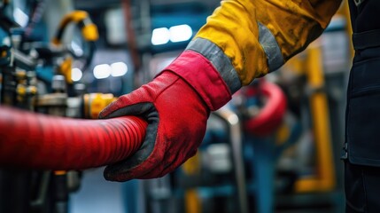 Aufkleber - A worker carefully handles red hoses with gloves in an industrial facility, symbolizing safety, maintenance, and efficient fuel management operations.
