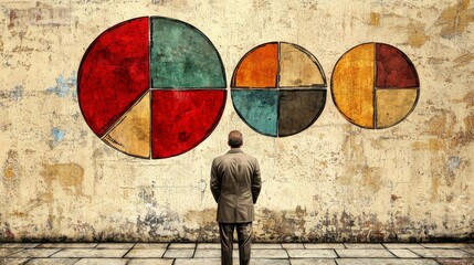 Poster - Businessman Analyzing Colorful Pie Charts on Wall in Urban Environment for Creative Marketing and Data Interpretation