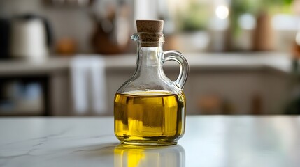 Olive oil bottle in kitchen, elegant glass container filled with golden oil, bright sunlight highlights freshness and flavor.