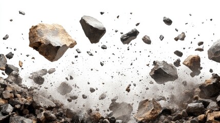 Poster - AI-generated scene of rocks, dust, and debris cascading down against a white background, representing chaos and movement in digital art.