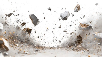 Poster - AI-generated scene of rocks, dust, and debris cascading down against a white background, representing chaos and movement in digital art.