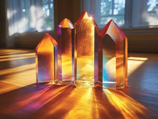 Poster - In a sunlit room during the late afternoon, light beams beautifully refract through colorful crystal formations, producing vibrant and mesmerizing patterns on the walls and floor