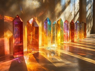 Poster - Light beams create a mesmerizing spectrum as they refract through colorful crystal towers positioned along a sunlit wall in a serene indoor space during the afternoon