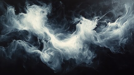 Fototapete - Ethereal white smoke patterns swirl elegantly across a dark background, creating a mystical and captivating atmosphere in a serene space