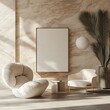 © MUHAMMAD - Stylish living room featuring a canvas frame mockup and minimalistic furniture with neutral tones
