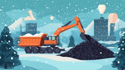 Poster - An excavator operating in a coal mine, loading coal onto a truck, representing the scale of heavy machinery and energy production in the mining industry.