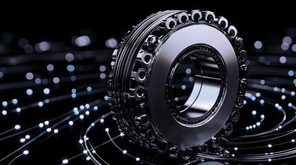 Poster - Abstract representation of a metallic bearing surrounded by glowing network of futuristic lights in a dark background, illustrating technology and engineering concepts.