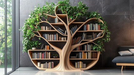 Poster - An innovative tree-shaped bookshelf filled with books and plants, offering eco-friendly and stylish organization for your modern home.