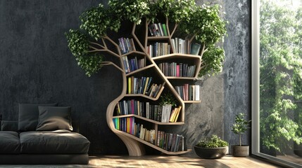 Poster - An innovative tree-shaped bookshelf filled with books and plants, offering eco-friendly and stylish organization for your modern home.