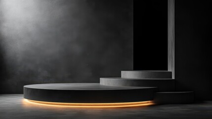 Poster - Soft directional light highlights a matte black surface with circular and rectangular forms, creating an elegant and modern atmosphere for showcasing products or displays