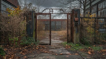 Poster - An old, weathered metal gate with a rusted lock, depicting urban decay and abandonment in a gritty, industrial setting.