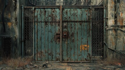 Poster - An old, weathered metal gate with a rusted lock, depicting urban decay and abandonment in a gritty, industrial setting.