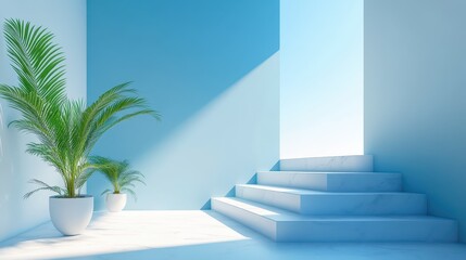 Poster - A beautifully minimalistic interior featuring a gradient design, complemented by vibrant green plants, and bright, inviting stairs that lead to abundant natural light