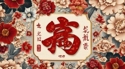 Wall Mural - A traditional Chinese New Year sign with the character (Longevity), surrounded by intricate floral patterns and auspicious symbols.