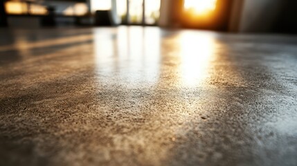 Poster - A sleek, polished concrete surface captures and reflects the warm glow of sunlight, creating a stunning ambiance in a contemporary interior during the evening hours