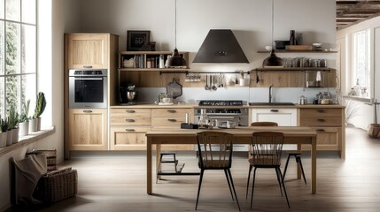 Aufkleber - Blurred light brown wooden table with a modern yet vintage kitchen style, evoking a sense of comfort and timeless charm.