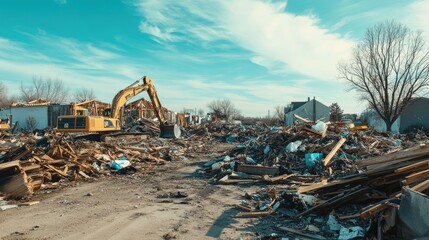 Aufkleber - Broken wood, scrap metal, and plastic waste pile up at a demolition site, capturing the need for proper recycling and waste management solutions.