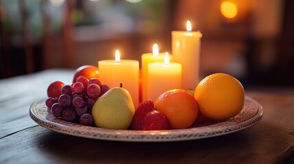Poster - Candles and fresh fruits arranged on a decorative plate, creating a warm, inviting ambiance ideal for a cozy gathering or quiet evening.
