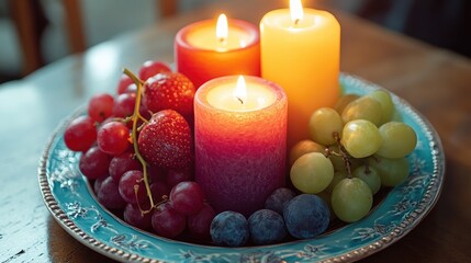 Poster - Candles and fresh fruits arranged on a decorative plate, creating a warm, inviting ambiance ideal for a cozy gathering or quiet evening.