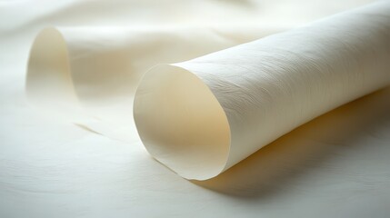 Poster - Softly illuminated off-white smooth paper rolls arranged elegantly on a textured surface, showcasing simplicity and tranquility in design