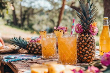 Aufkleber - Summer picnic with pineapples and tropical drinks surrounded by nature in warm sunlight. Generative AI