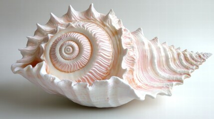 Poster - Delicate Pink Conch Shell with Spirals on White Background