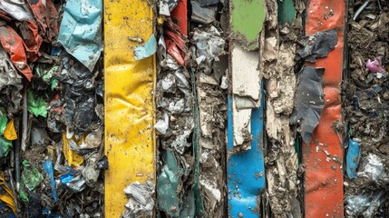 Aufkleber - Close-up of waste material like broken boards, scrap metal, and plastic at a demolition site, representing the complexity of recycling and waste disposal.