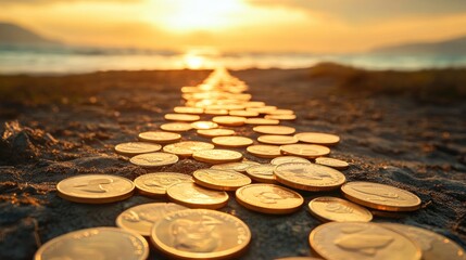 Poster - Coins create a golden pathway toward a peaceful horizon, symbolizing the journey to prosperity, success, and fulfillment.