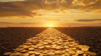 Poster - Coins create a golden pathway toward a peaceful horizon, symbolizing the journey to prosperity, success, and fulfillment.