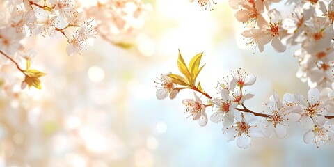 Wall Mural - Cherry blossom branches in soft focus against a dreamy pastel background with warm golden light highlighting delicate white flowers and fresh green leaves.