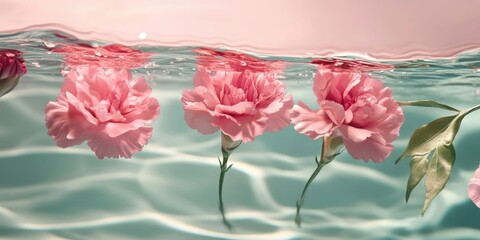 Wall Mural - Pink carnations submerged in clear water with gentle waves and soft pink backdrop, featuring delicate leaves and blooms in serene composition