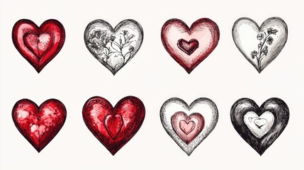 Poster - Different sketches of hearts, hand-drawn with intricate details, showcasing various love icons and symbols, isolated on a clean white background.