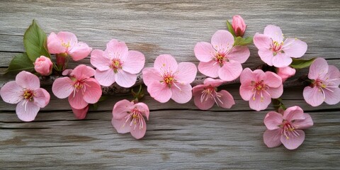 Wall Mural - Delicate pink cherry blossoms scattered on a rustic wooden surface creating a natural spring ambiance with soft green leaves.