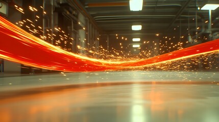 Poster - Dynamic Stream of Light and Sparks in Industrial Space Capturing Motion and Energy with Vibrant Red Glow on a Polished Floor Surface for Abstract Art and Design