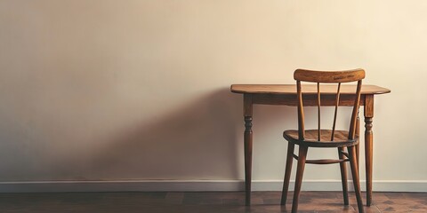 Vintage wooden table and chair set viewed from behind against a soft white wall and warm brown floor illuminated by natural light