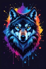 Naklejka na meble Vibrant artistic representation of a wolf against a colorful abstract background highlighting its fierce and majestic nature