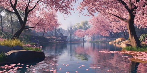 Wall Mural - Serene landscape featuring vibrant pink cherry blossoms reflecting on calm water with lush greenery and soft rocks in a tranquil rural setting.