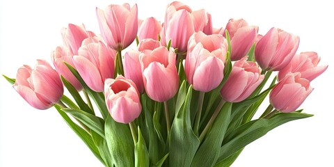 Canvas Print - Pink tulip bouquet arranged elegantly with vibrant green leaves on a clean white background ideal for celebrations and special occasions