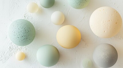 Poster - A collection of gradient spheres in soothing pastel sage green and cream hues is displayed artfully on a textured white background, evoking tranquility and modern elegance
