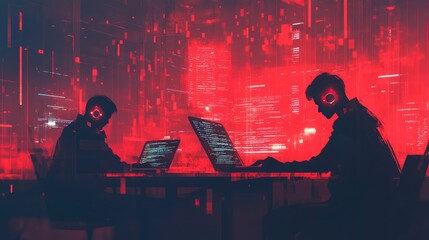 Poster - Faceless hackers in red shadows working on laptops, with floating digital symbols and glowing lines, capturing the essence of cyber threats and hacking activities.