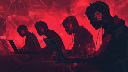 Poster - Faceless hackers in red shadows working on laptops, with abstract digital symbols surrounding them, representing cyber threats and digital crime.