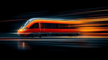 Fototapete - Dynamic Motion of a Modern High-Speed Train in Bright Orange and Black Design Conveying Speed and Technology on a Dark Background
