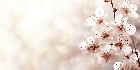 Wall Mural - Cherry blossom branch with white flowers on the left against a soft pastel background, creating a serene springtime panorama with ample white space.